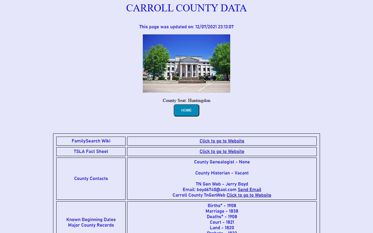 Carroll County genealogy records at Tennessee Genealogical Society data page