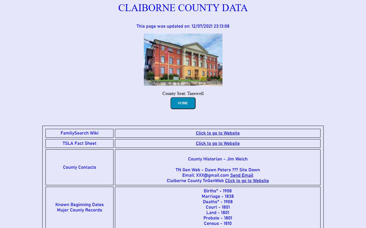 Claiborne County genealogy records in the Tennessee Genealogical Society data page
