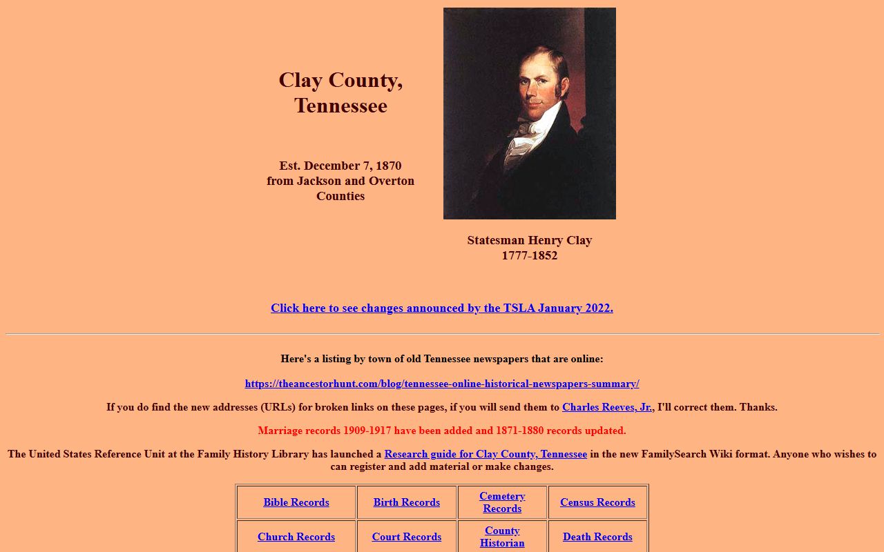 Clay County genealogy records from TNGenWeb