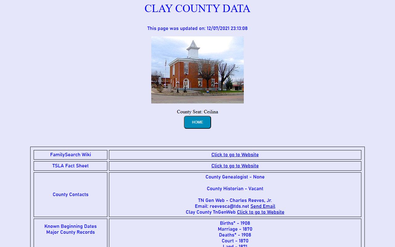 Clay County genealogy records in the Tennessee Genealogical Society data page