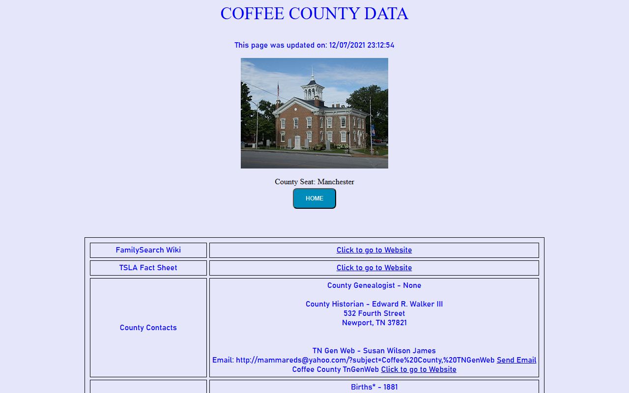 Coffee County genealogy data from the Tennessee Genealogical Society