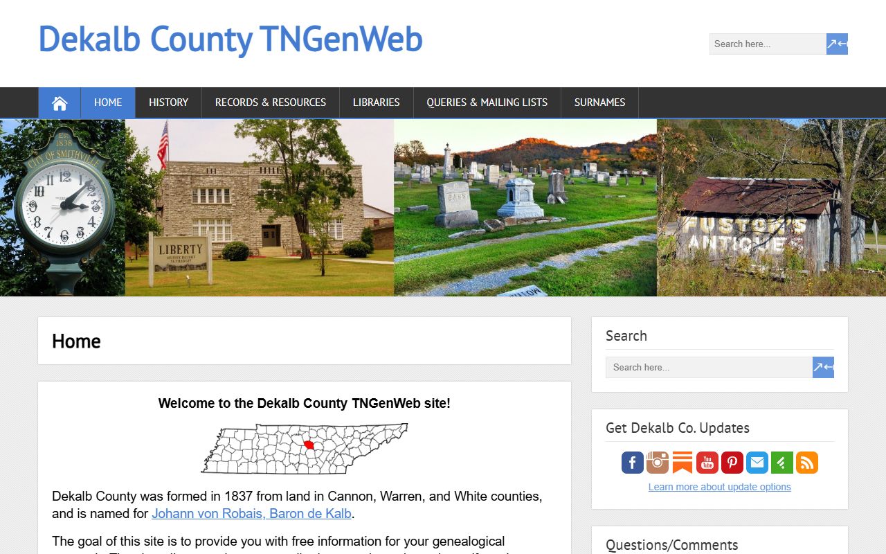 DeKalb County genealogy records page from the county TNGenWeb site