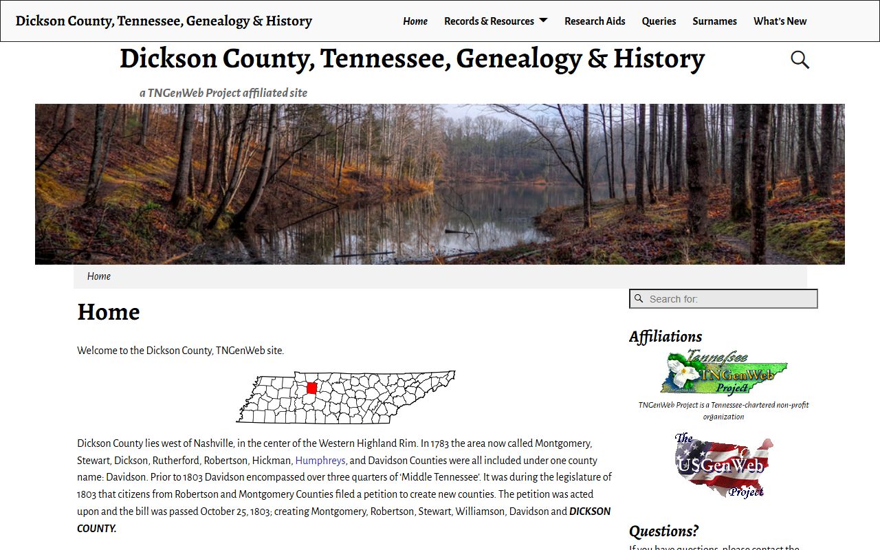Dickson County genealogy records page from the county TNGenWeb site