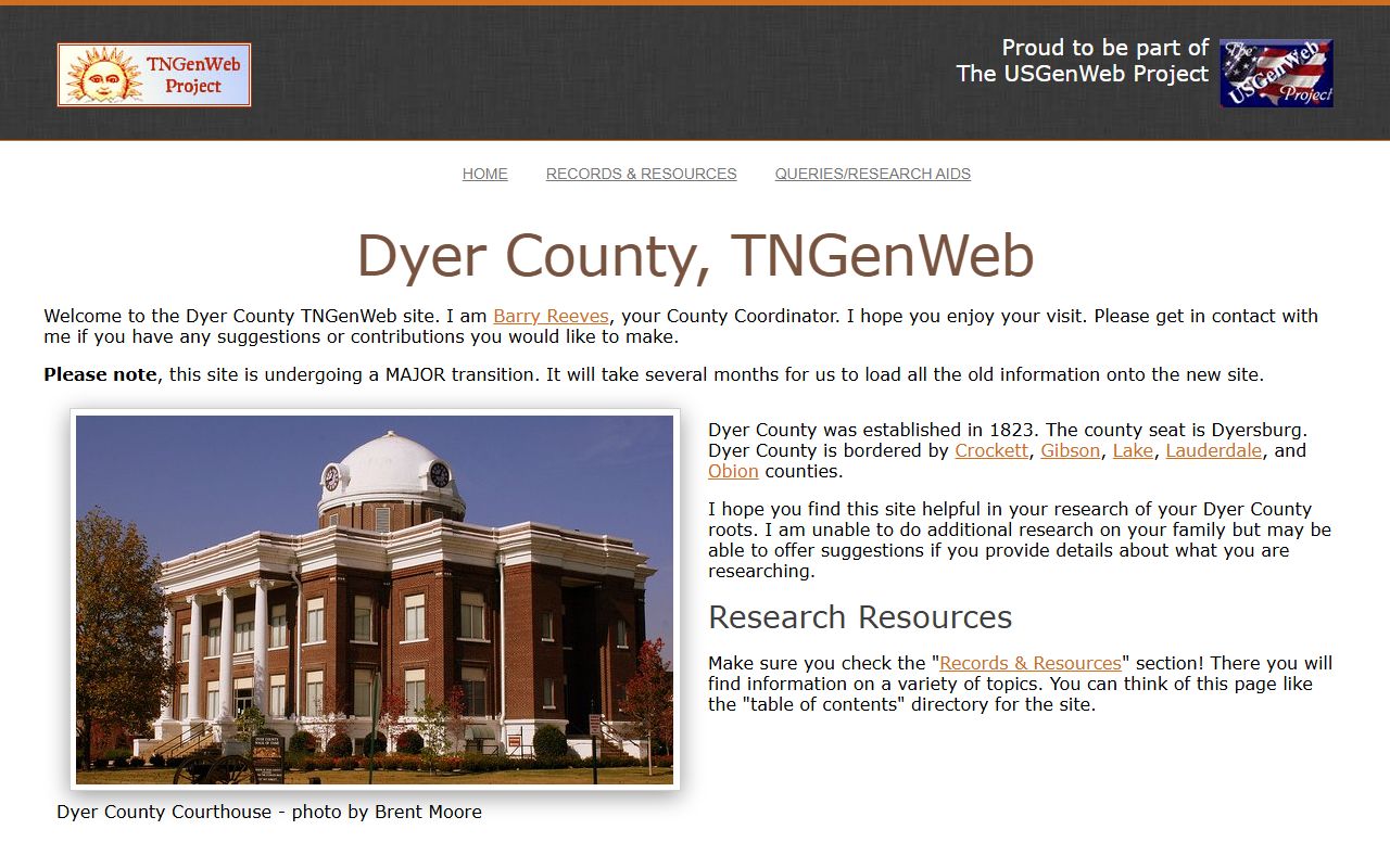 Dyer County genealogy records page from the county TNGenWeb site