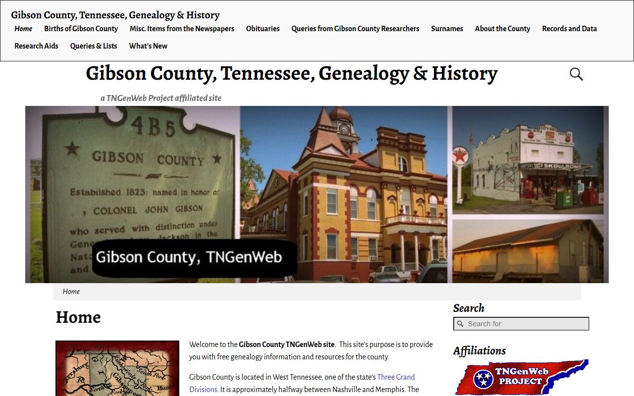 Gibson County Genealogy page from TNGenWeb