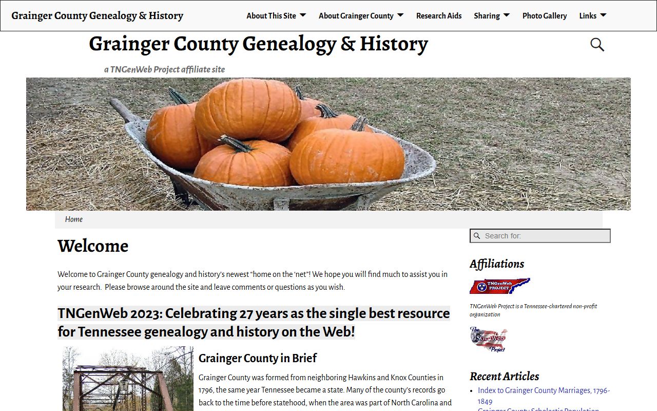Grainger County Genealogy page from TNGenWeb