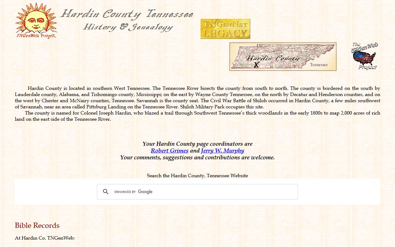 Hardin County genealogy records on the Hardin County TNGenWeb page