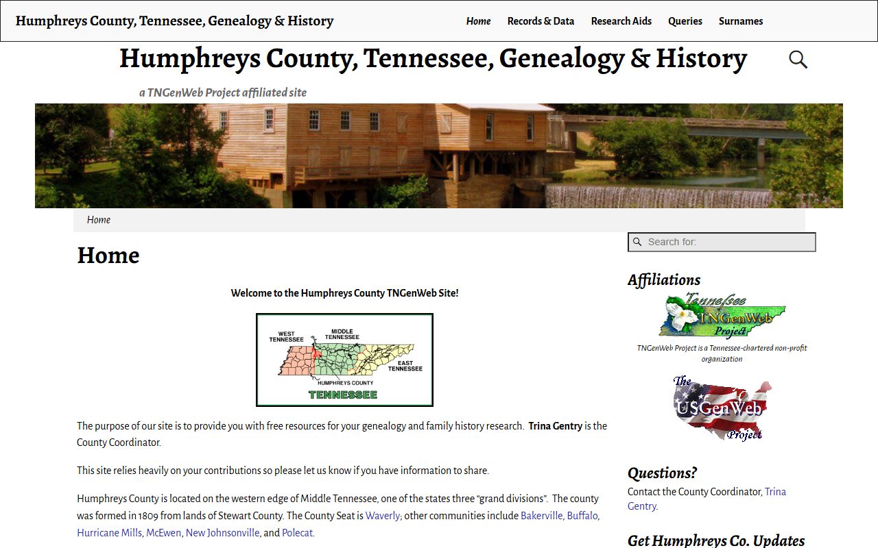 Humphreys County genealogy records on the Humphreys County TNGenWeb page