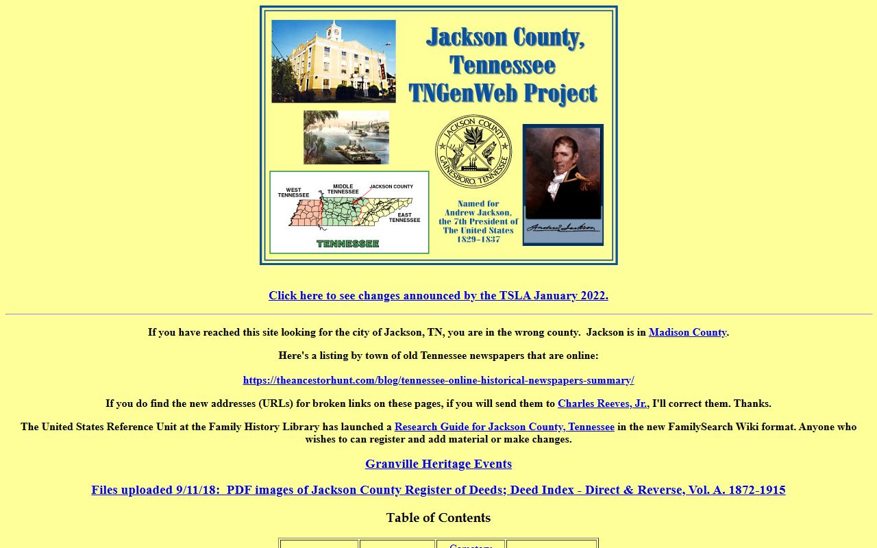 Jackson County genealogy records on the Jackson County TNGenWeb page