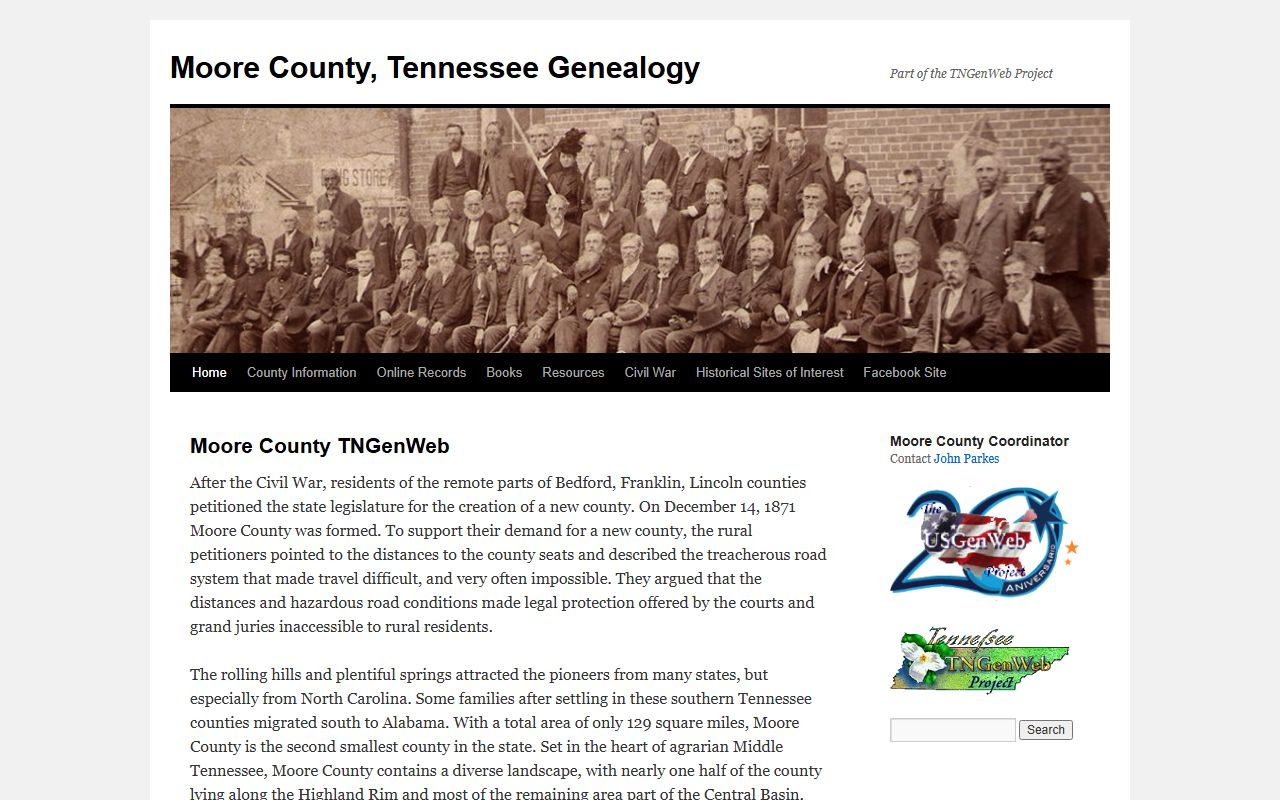Moore County genealogy records on the Moore County TNGenWeb page