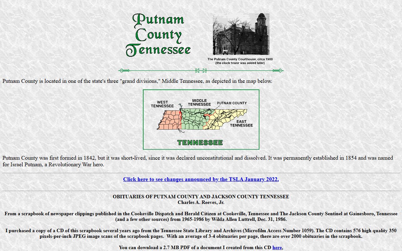 Putnam County genealogy resources on the Putnam County TNGenWeb page