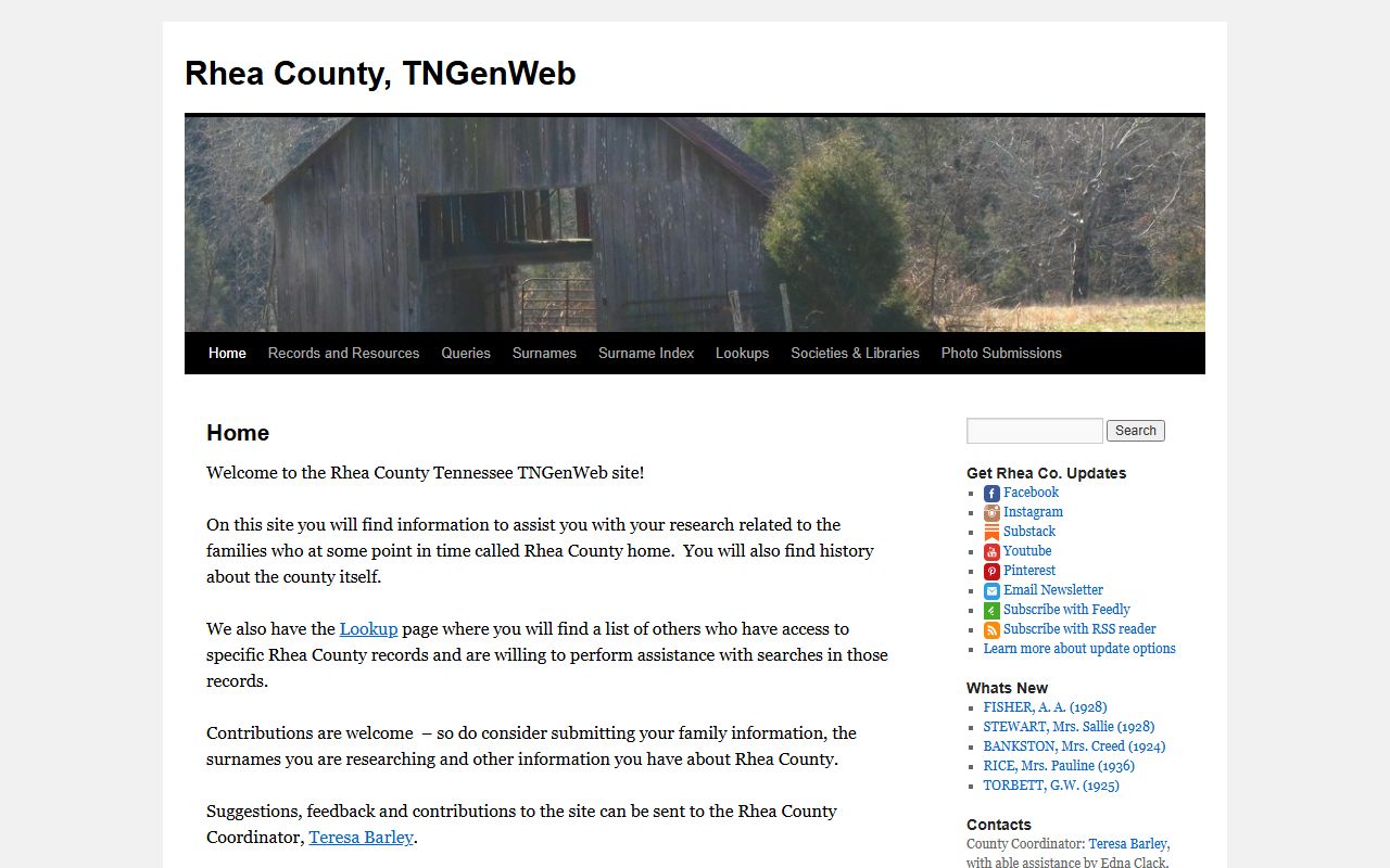 Rhea County genealogy resources on the Rhea County TNGenWeb page