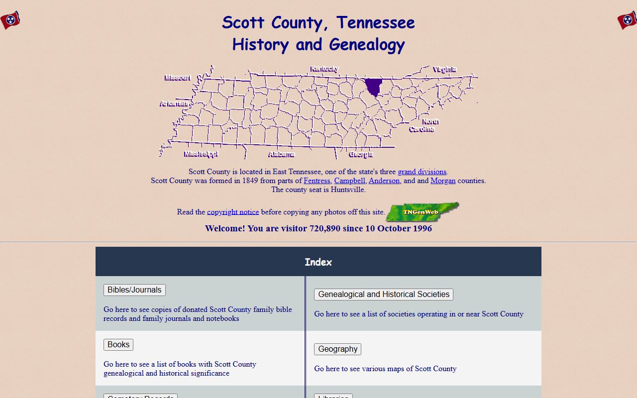 Scott County genealogy records on the Scott County TNGenWeb page
