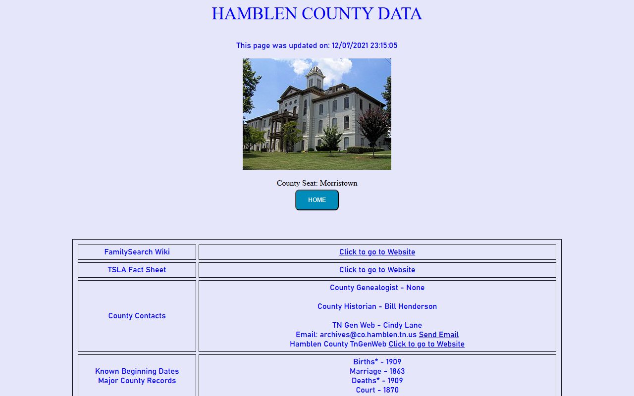 Hamblen County genealogy records on the Tennessee Genealogical Society data page
