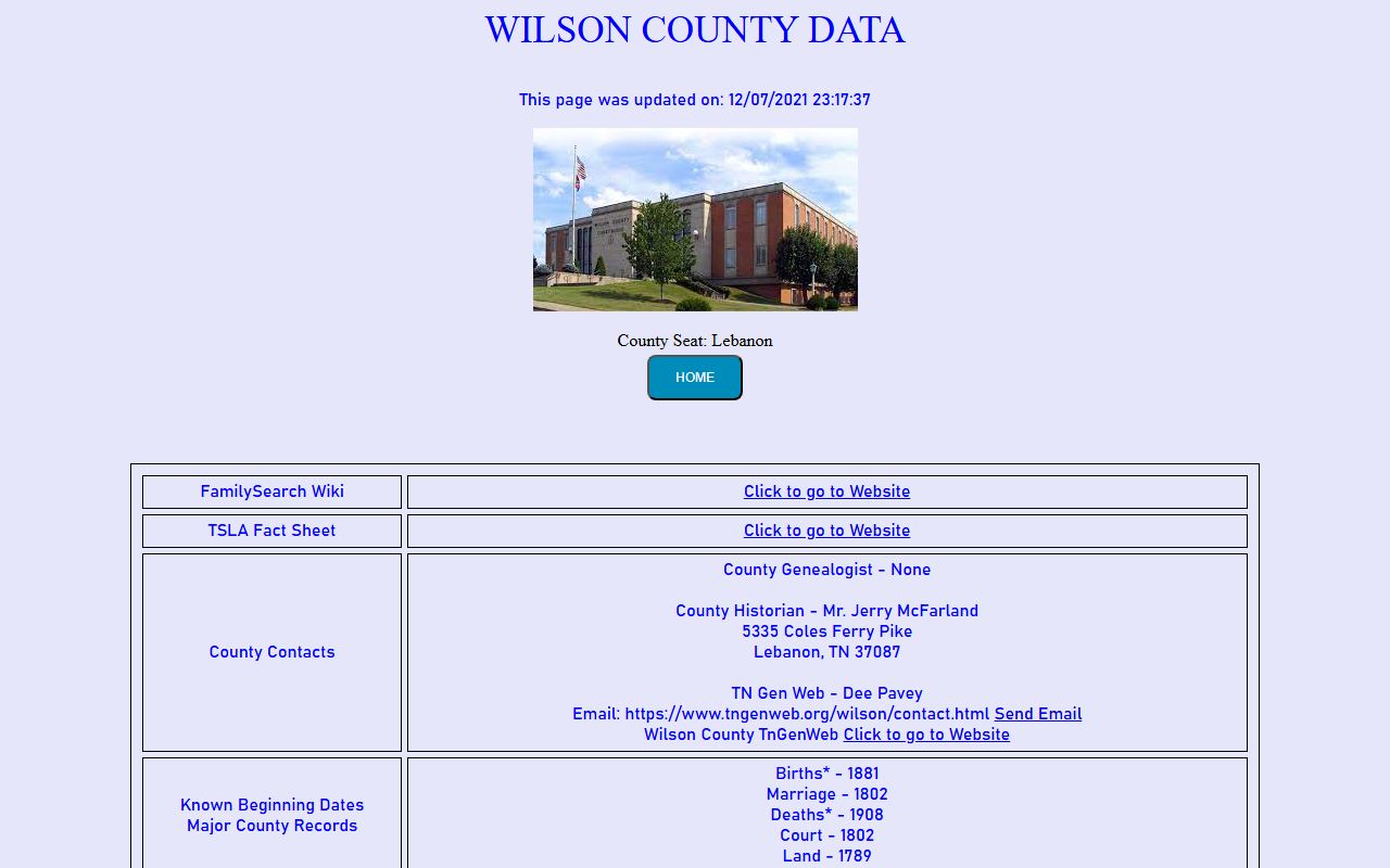 Wilson County genealogy resources on the Tennessee Genealogical Society Wilson County page