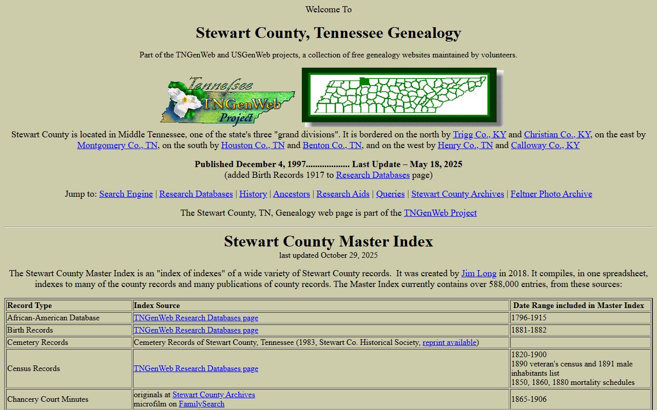 Stewart County genealogy resources on the Stewart County TNGenWeb page