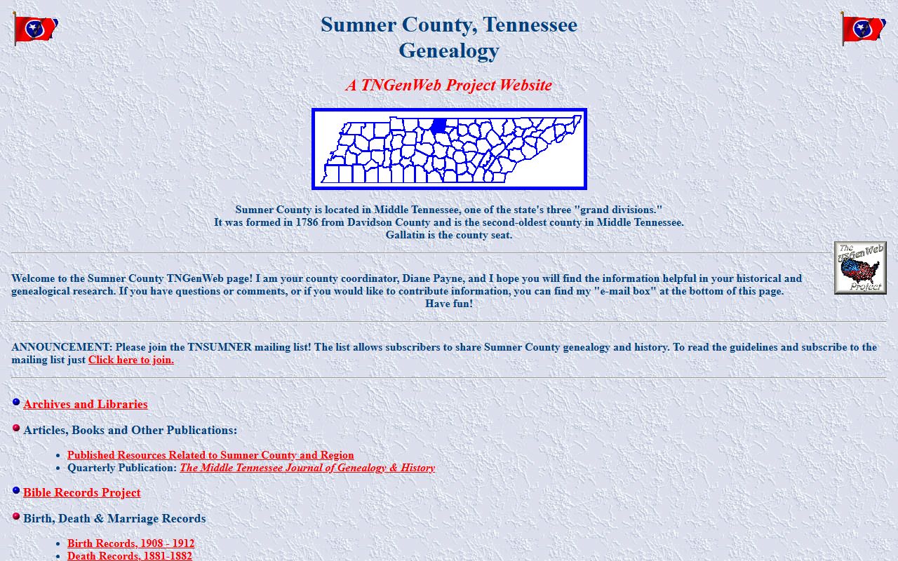 Sumner County genealogy resources on the Sumner County TNGenWeb page