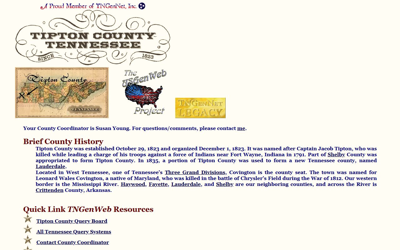 Tipton County genealogy resources on the Tipton County TNGenWeb page