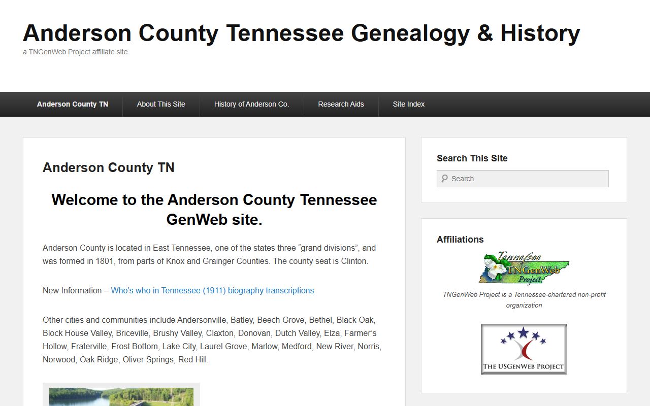 Anderson County genealogy resources on the TNGenWeb page