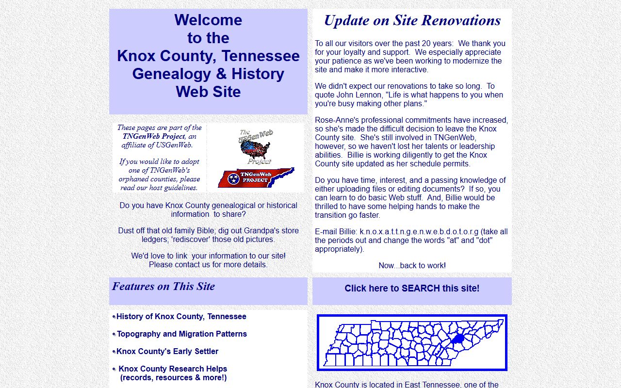 Knox County Genealogy resource from Knox County TNGenWeb