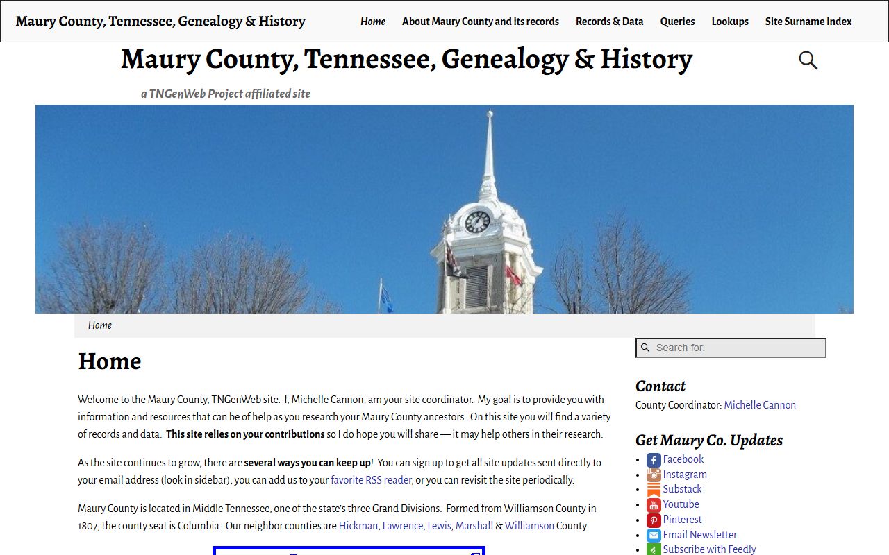 Maury County genealogy records on the Maury County TNGenWeb page