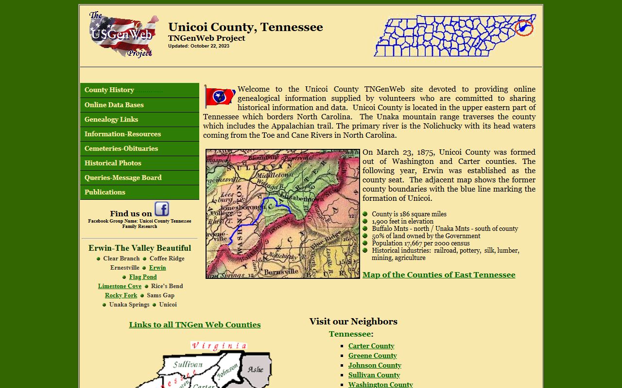 Unicoi County genealogy records on the Unicoi County TNGenWeb page