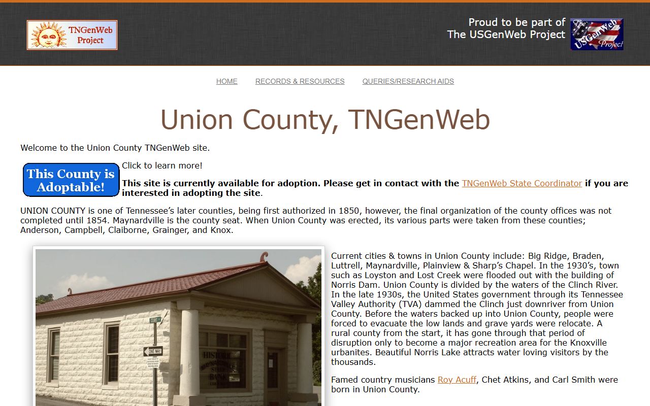 Union County genealogy records on the Union County TNGenWeb page