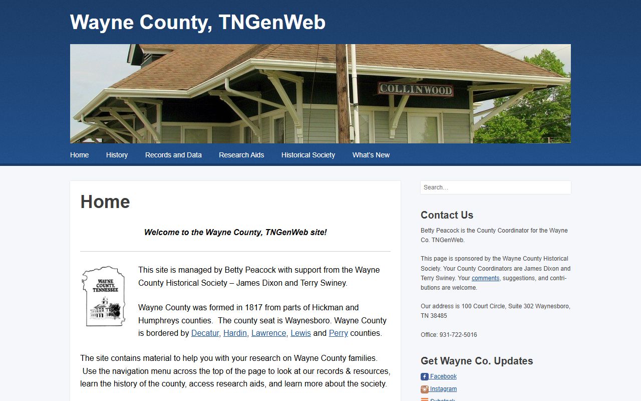 Wayne County genealogy resources on the Wayne County TNGenWeb page