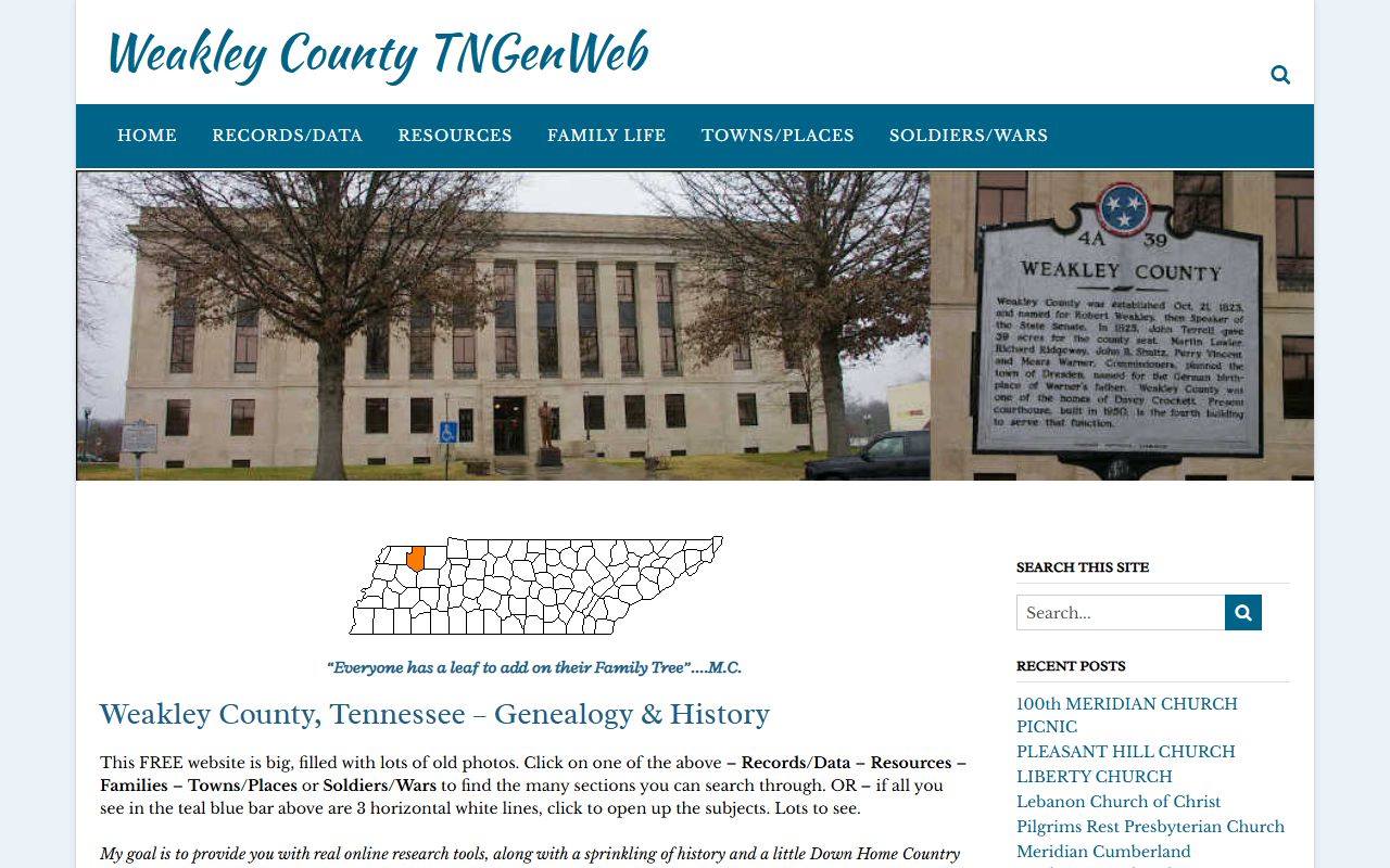 Weakley County genealogy resources on the Weakley County TNGenWeb page