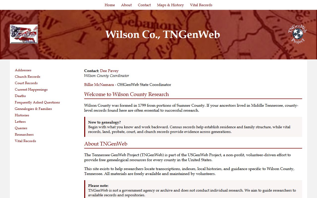 Wilson County genealogy resources on the Wilson County TNGenWeb page