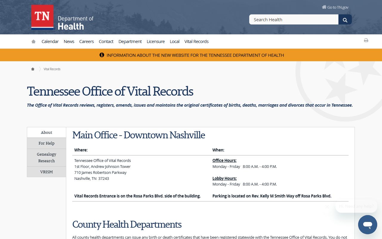 Tennessee Genealogy vital records information from the Tennessee Office of Vital Records