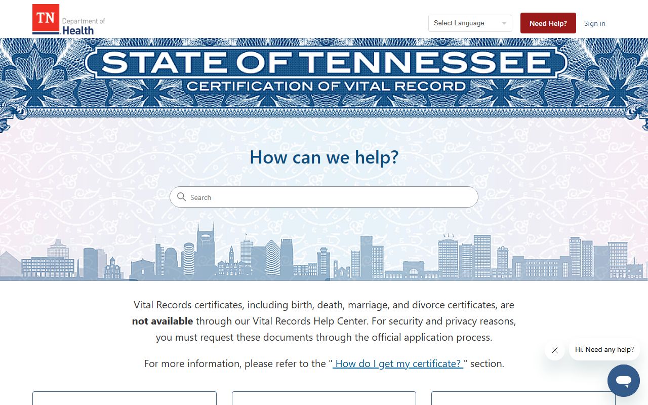 Tennessee Genealogy certificate ordering through Tennessee Vital Records Online